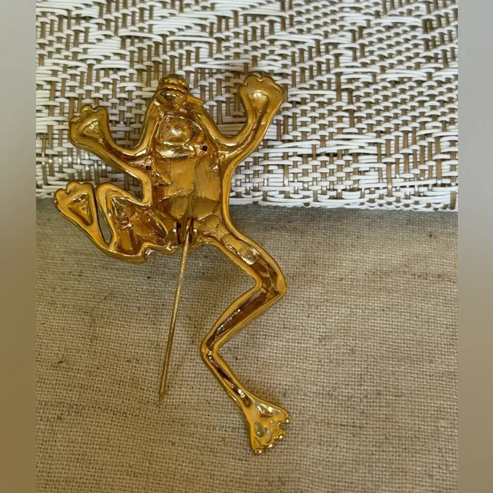 Vintage Gold Frog Brooch with Blue and Red Accents